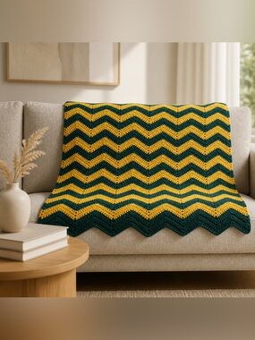 Handmade Chevron Knit Throw Blanket in Yellow and Dark Green
